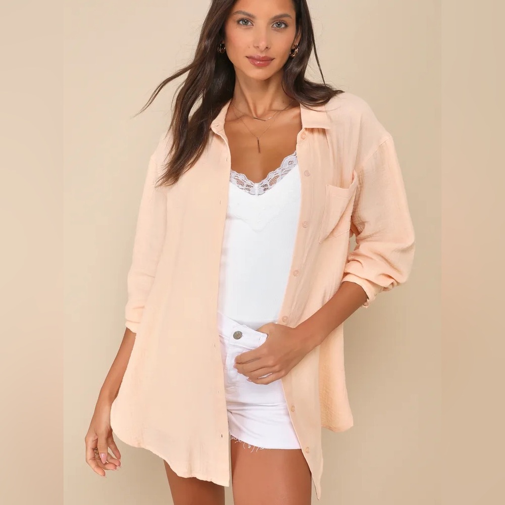 Lulus Easy To See Peach Oversized Button-Up Top